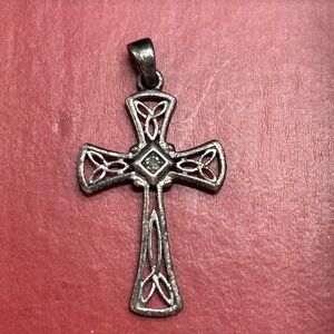 Vintage Stamped RJ 925 Celtic Cross with Diamond Chip Love knot Filagree cross